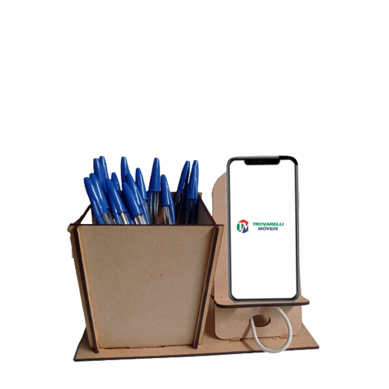 Porta Canetas Suporte Para Celular  Em Mdf Natural