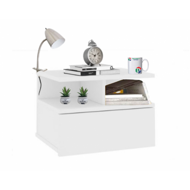 Mesa de Cabeceira Prateleira Flutuante 1 gaveta Branco Em Mdf