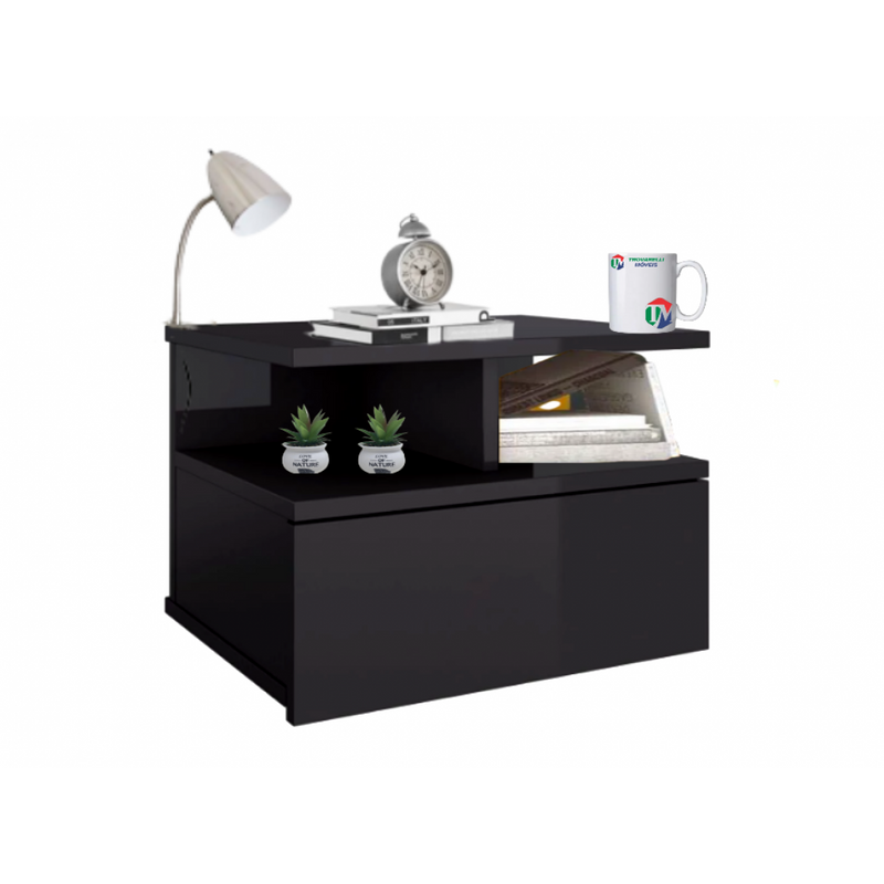 Mesa de Cabeceira Prateleira Flutuante 1 gaveta Preto Em Mdf