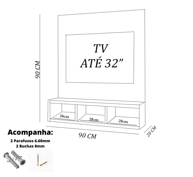 Painel para Tv até 32 Polegadas 3 Nichos Branco Em Mdf